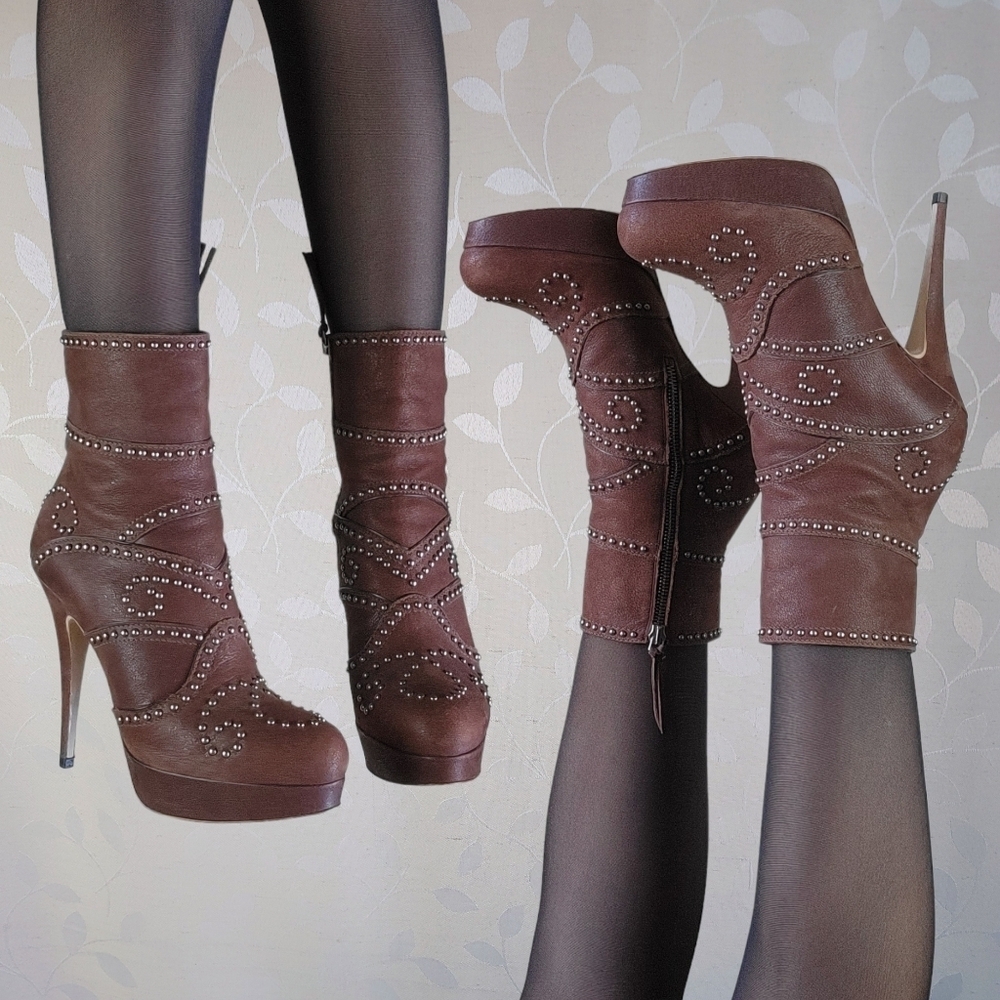 Miu Miu Y2K Platform Stiletto Boots - Studded Brown Ankle Heels 37 Designer